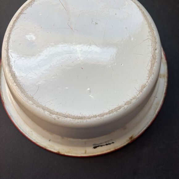 Vintage White Red Enamelware Wash Basin Bowl Farmhouse Rustic Distressed 10” - Picture 3 of 7